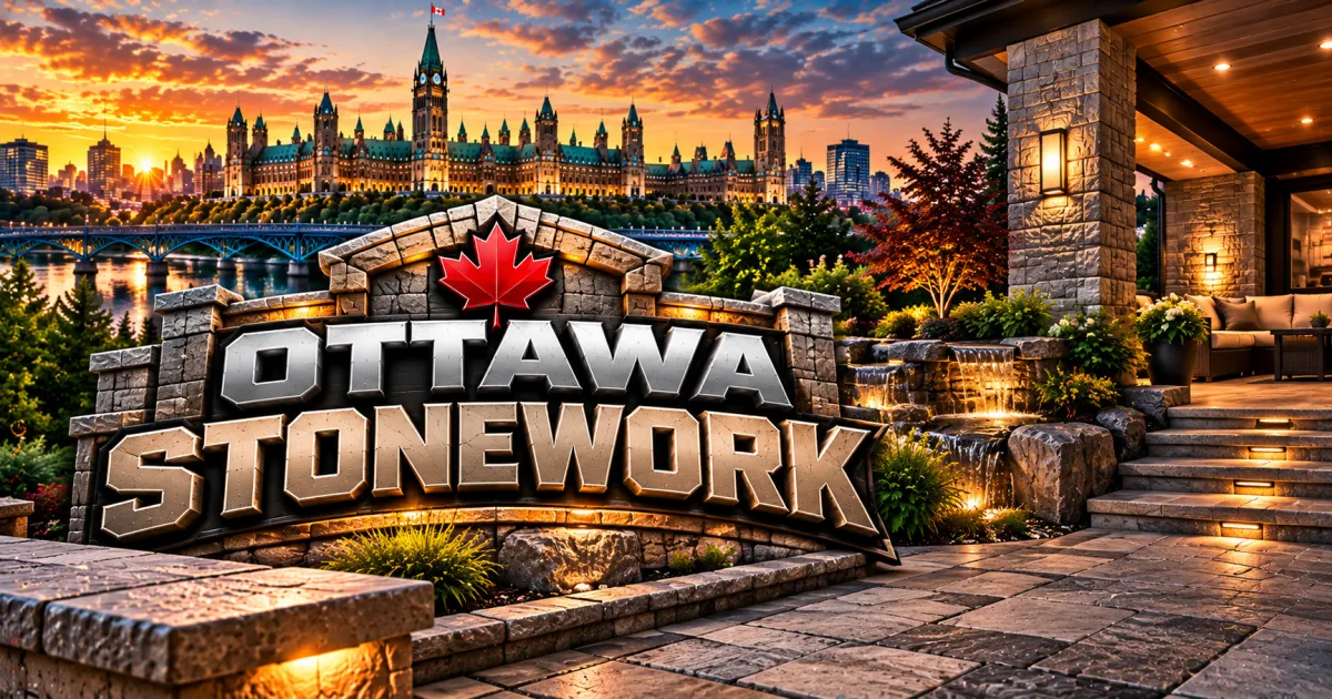 A lit stone sign reading Ottawa Stonework, stone steps and a stone-clad porch at dusk, with Parliament Hill behind